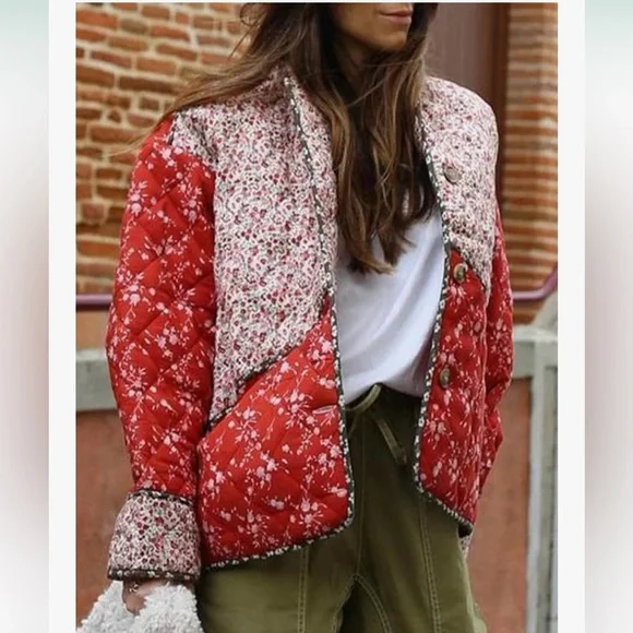 Red Multi Floral Puffer Quilted Jacket - Picture 2 of 6